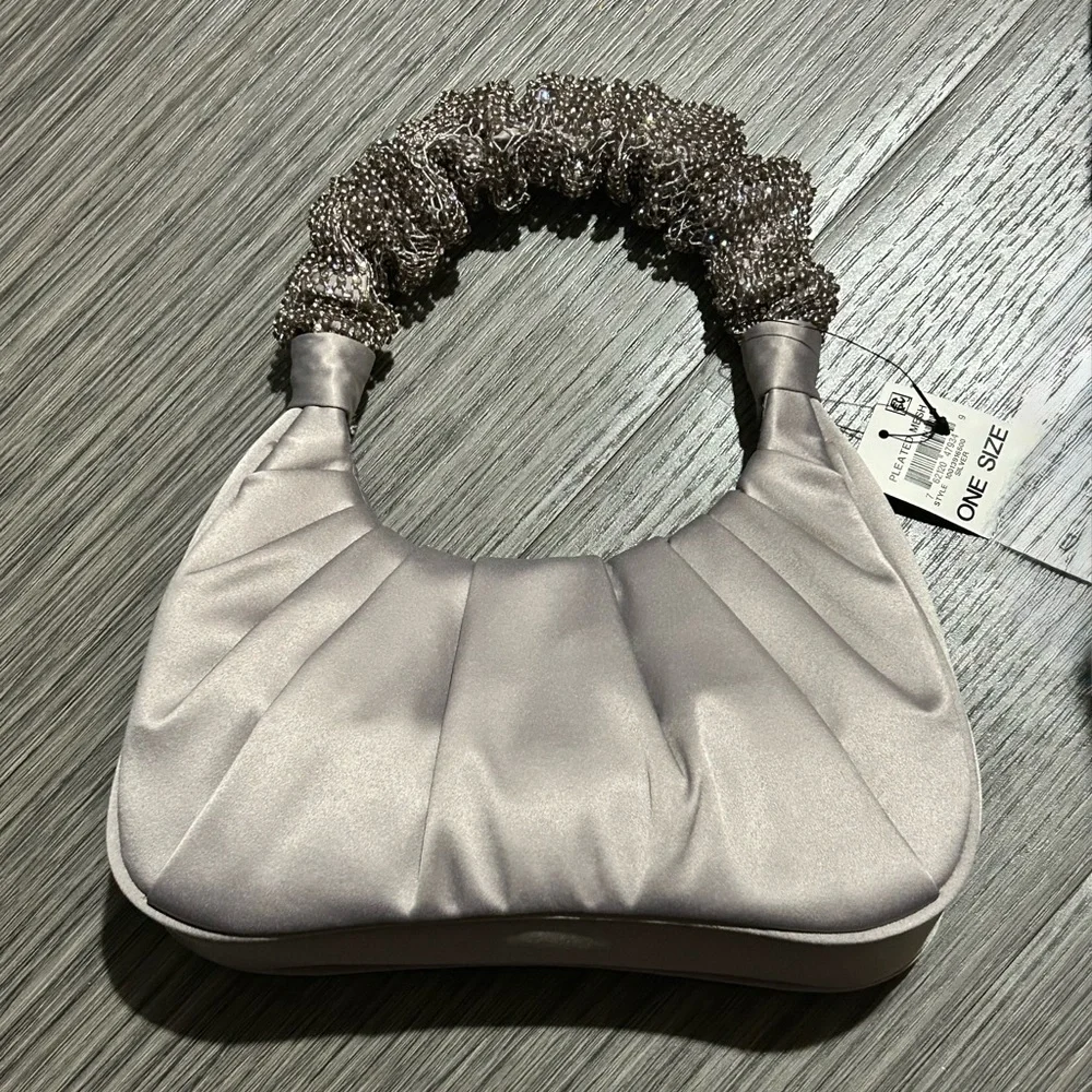 I.N.C. International Concepts Pleated Top Studded Mesh Handle Bag Satin Silver - Picture 3 of 5